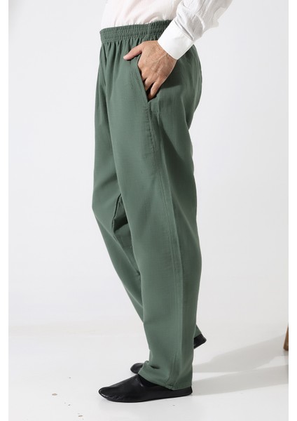 Erkek Lastikli Bel Cepli Hac Umre Müslin Pantolon - Yeşil (Ans)