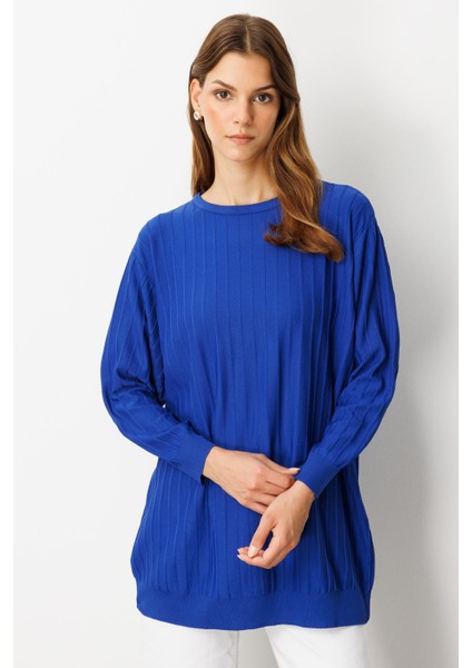 Çizgi Desen Pamuklu Triko Tunik-Sax