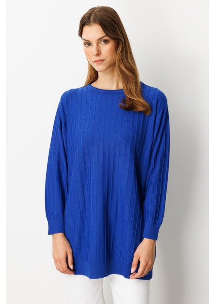 Çizgi Desen Pamuklu Triko Tunik-Sax fırsatları