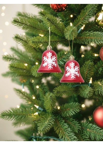 Yılbaşı Ağaç Süsü Çan Figürlü Kırmızı-Beyaz Kar Tanesi Desenli 7 cm 2'li Set