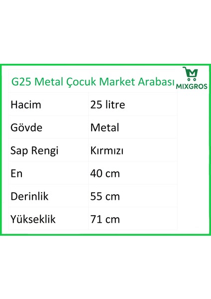 G25 Metal Çocuk Market Alışveriş Arabası 25 Litre fiyatları