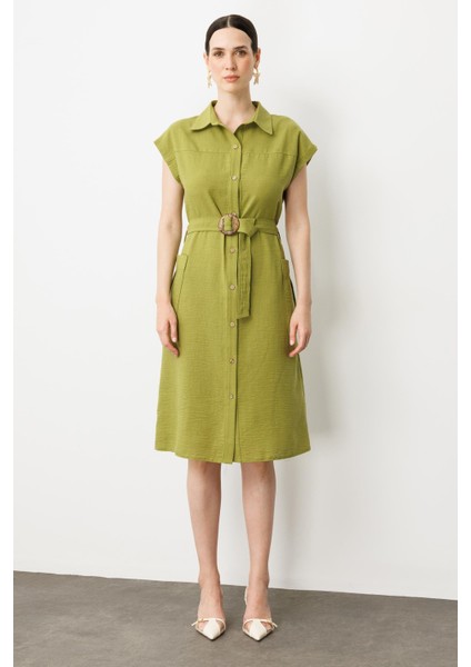 Keten Görünümlü Kuşaklı Elbise-Yeşil modelleri
