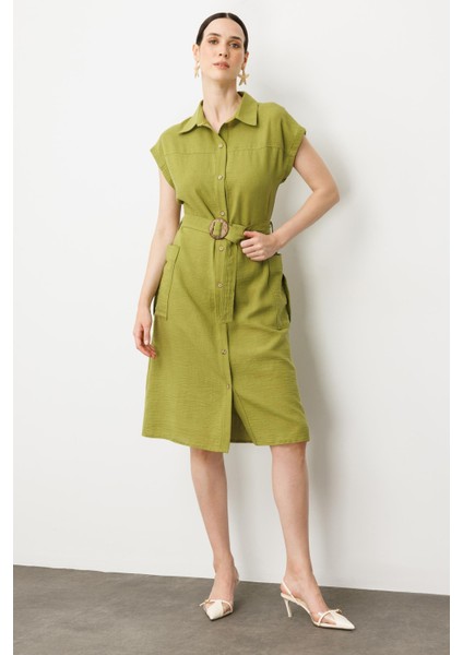 Keten Görünümlü Kuşaklı Elbise-Yeşil fırsatları