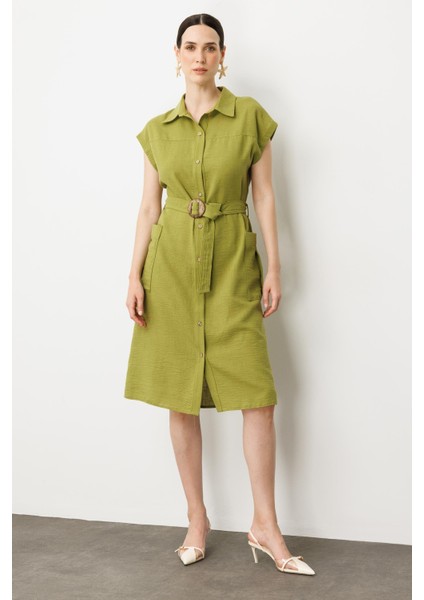 Keten Görünümlü Kuşaklı Elbise-Yeşil indirimleri