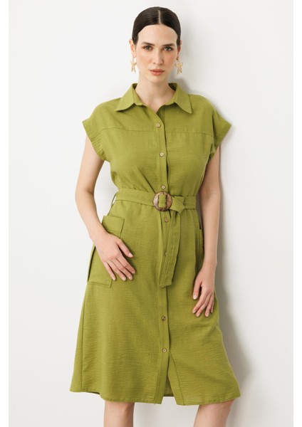 Keten Görünümlü Kuşaklı Elbise-Yeşil