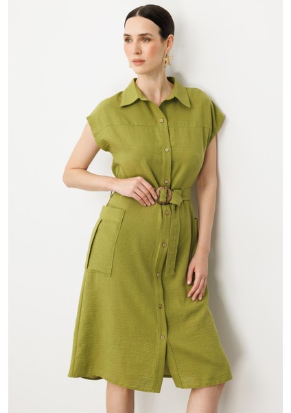 Keten Görünümlü Kuşaklı Elbise-Yeşil