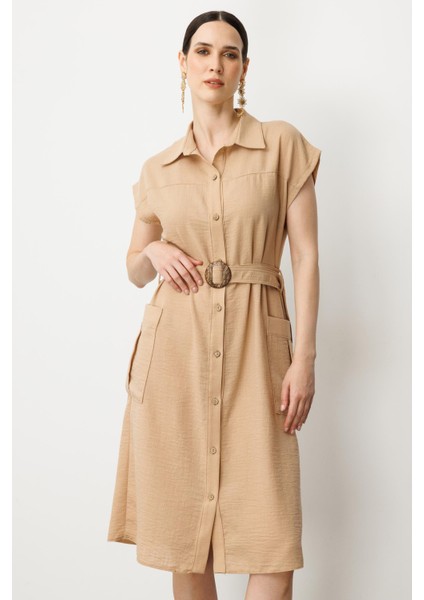 Keten Görünümlü Kuşaklı Elbise-Camel fiyatları