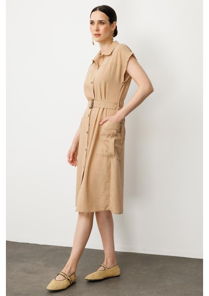 Keten Görünümlü Kuşaklı Elbise-Camel fırsatları