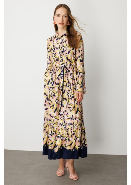 Keten Görünümlü Desenli Uzun Elbise-Lacı