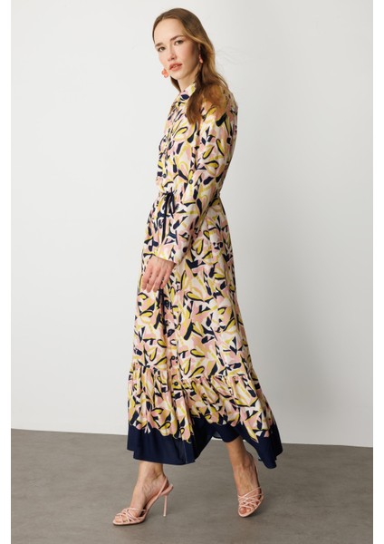 Keten Görünümlü Desenli Uzun Elbise-Lacı fiyatları