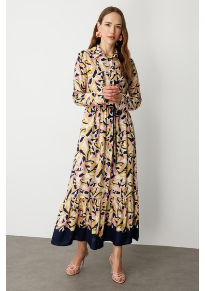 Keten Görünümlü Desenli Uzun Elbise-Lacı modelleri