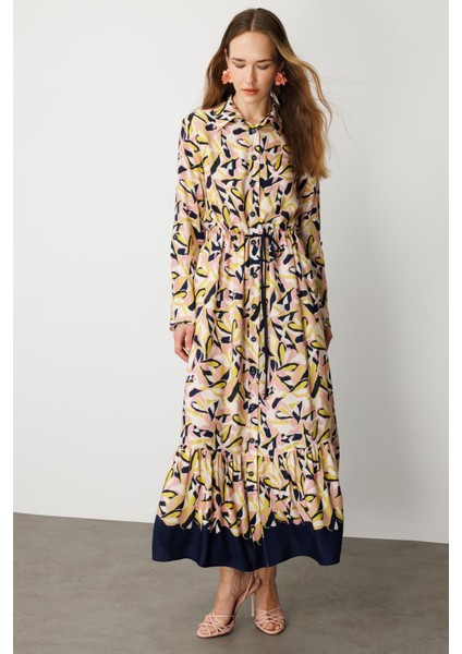 Keten Görünümlü Desenli Uzun Elbise-Lacı fırsatları