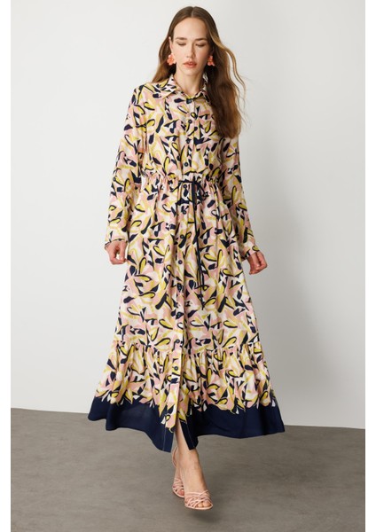 Keten Görünümlü Desenli Uzun Elbise-Lacı indirimleri