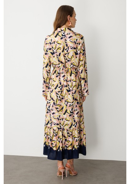 Keten Görünümlü Desenli Uzun Elbise-Lacı