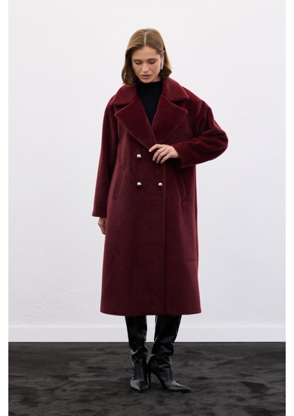 Düğme Detaylı Uzun Kaban - Bordo