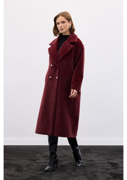 Düğme Detaylı Uzun Kaban - Bordo fiyatları