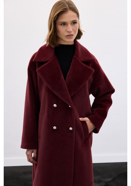 Düğme Detaylı Uzun Kaban - Bordo fırsatları