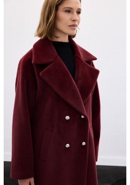Düğme Detaylı Uzun Kaban - Bordo indirimleri