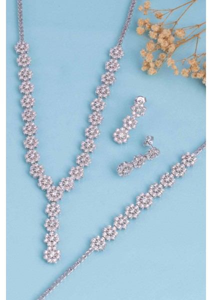 Papatya Montürlü Rodyum Kaplama 925 Ayar Gümüş Düğün Seti fırsatları