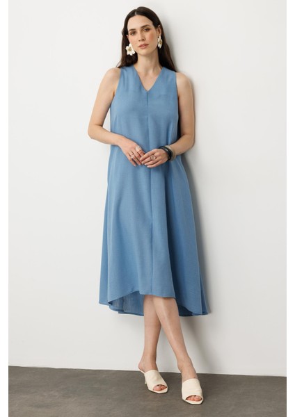 Kolsuz V Yaka Rahat Kesim Elbise-Mavi