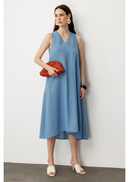 Kolsuz V Yaka Rahat Kesim Elbise-Mavi modelleri