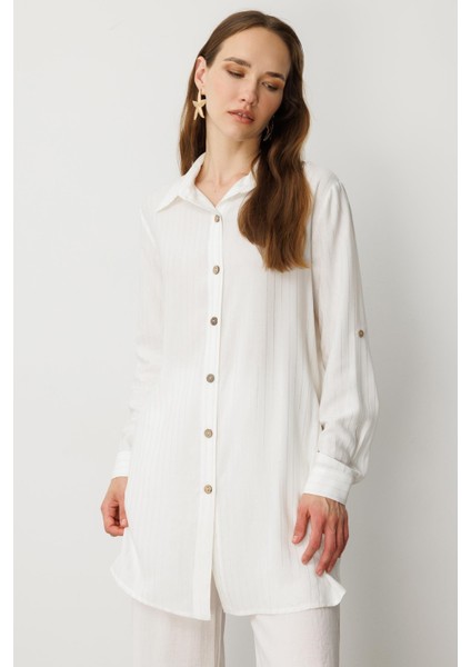 Düğme Detaylı Sim Çizgili Gömlek Tunik-Kemık