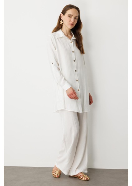 Düğme Detaylı Sim Çizgili Gömlek Tunik-Kemık fiyatları