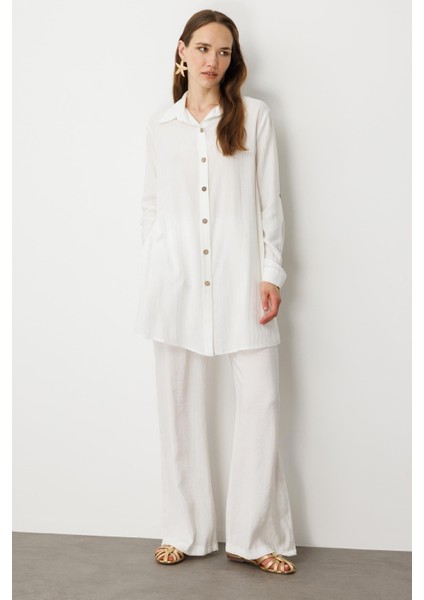 Düğme Detaylı Sim Çizgili Gömlek Tunik-Kemık modelleri