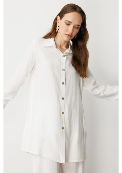 Düğme Detaylı Sim Çizgili Gömlek Tunik-Kemık fırsatları