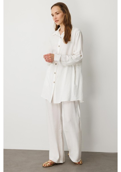 Düğme Detaylı Sim Çizgili Gömlek Tunik-Kemık indirimleri