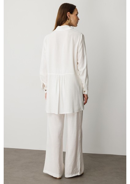 Düğme Detaylı Sim Çizgili Gömlek Tunik-Kemık