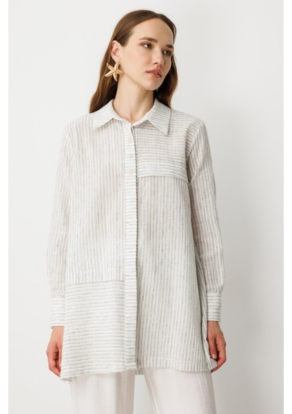 Çizgili Pamuk Keten Gömlek-Mınt