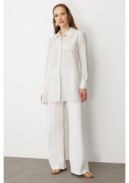 Çizgili Pamuk Keten Gömlek-Mınt fiyatları