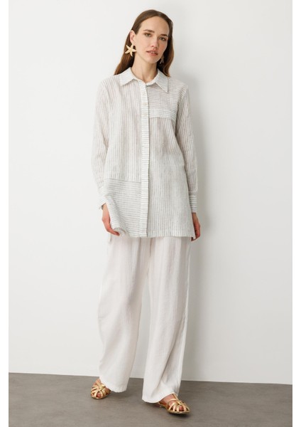 Çizgili Pamuk Keten Gömlek-Mınt modelleri