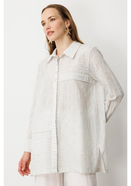 Çizgili Pamuk Keten Gömlek-Mınt fırsatları