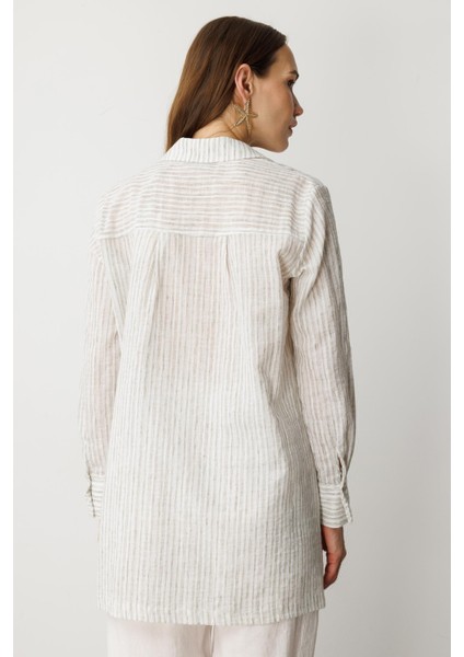 Çizgili Pamuk Keten Gömlek-Mınt indirimleri