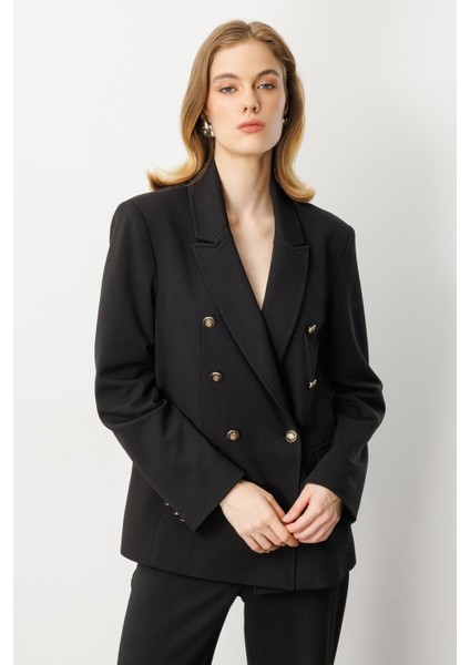 Kruvaze Yaka Krep Ceket-Siyah