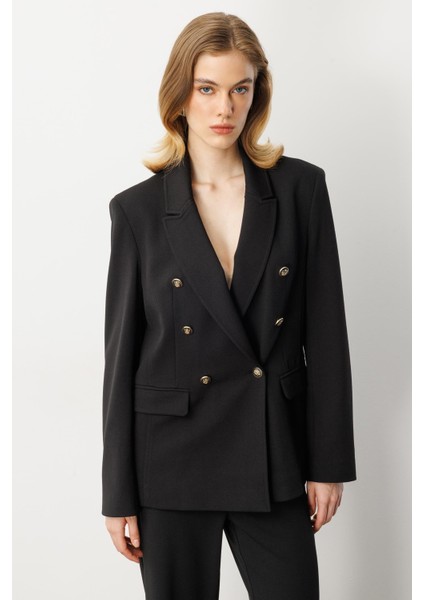 Kruvaze Yaka Krep Ceket-Siyah