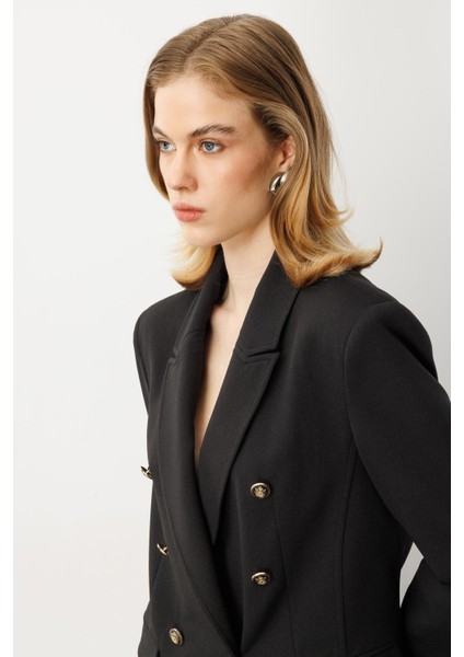 Kruvaze Yaka Krep Ceket-Siyah