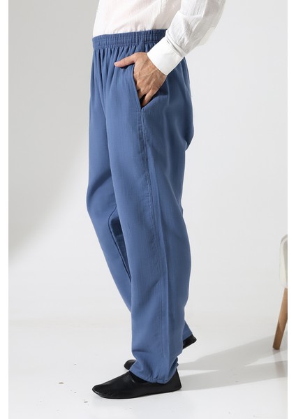 Erkek Lastikli Bel Cepli Hac Umre Müslin Pantolon - Mavi (Ans)
