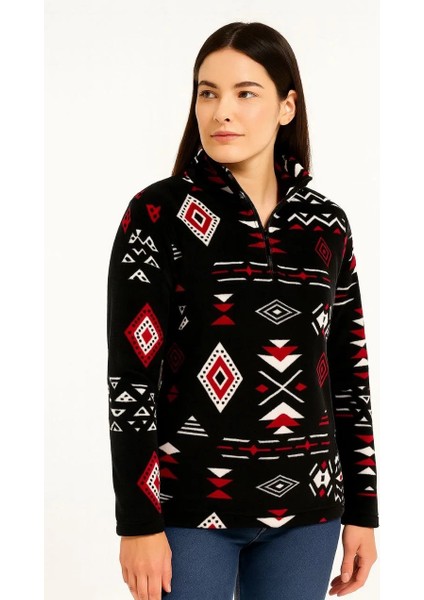 Kadın Yarım Fermuarlı Desenli Polar Sweat Tribal Etnik Desen Yakalı, Uzun Kollu, Oversize Rahat Kalıp - Siyah