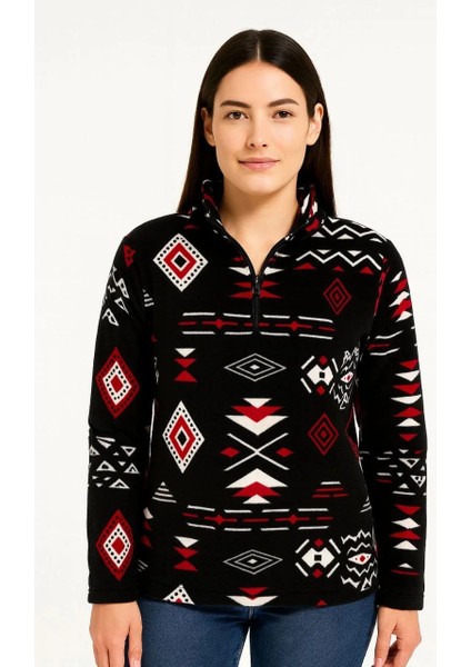 Kadın Yarım Fermuarlı Desenli Polar Sweat Tribal Etnik Desen Yakalı, Uzun Kollu, Oversize Rahat Kalıp - Siyah fiyatları