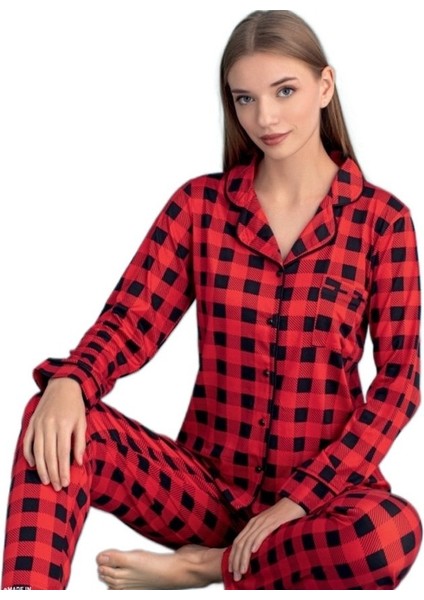Vita Dolce Yumuşak Kumaş Ekose Kadın Pijama Takımı Tam Kalıp Uzun Kollu S/2xl