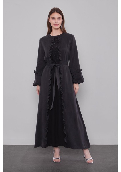 Siyah Kuşak Detaylı Cupra Elbise