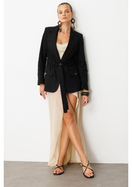 Beli Kuşaklı Keten Ceket-Siyah