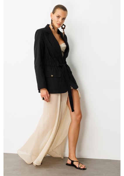 Beli Kuşaklı Keten Ceket-Siyah fiyatları