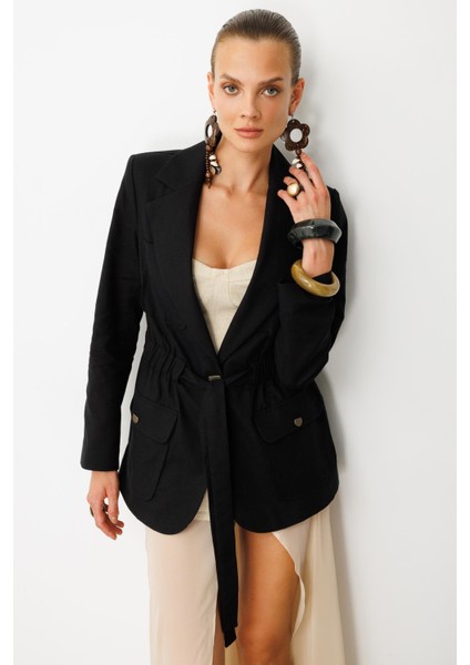 Beli Kuşaklı Keten Ceket-Siyah modelleri