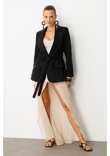 Beli Kuşaklı Keten Ceket-Siyah fırsatları