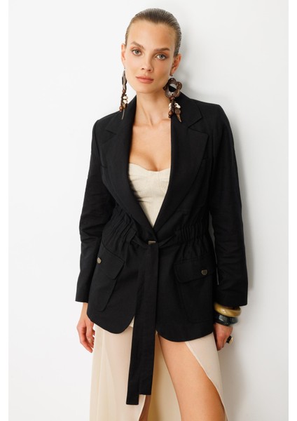 Beli Kuşaklı Keten Ceket-Siyah indirimleri