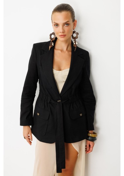 Beli Kuşaklı Keten Ceket-Siyah